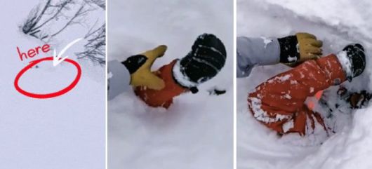 스키를 타던 한 남성이 우연히 눈에 파묻힌 남성을 발견하고 구하는 모습. 사진=sns, 연합뉴스