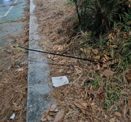 [청주=뉴시스] 지난 7일 충북 청주 청소년 광장에서 산책하던 50대 여성 인근으로 양궁 화살이 날아왔다. (사진= 독자 제공) 2026.01.09. photo@newsis.com *재판매 및 DB 금지 /사진=뉴시스