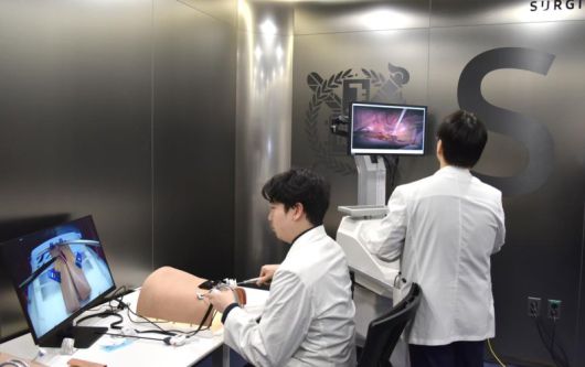 서울대병원 외과 술기교육센터에서 교수진이 복강경 수술 시뮬레이터를 활용해 수술 술기를 시연하고 있다. 서울대병원 제공