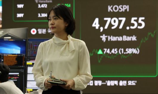 코스피가 전 거래일(4723.10)보다 74.45포인트(1.58%) 상승한 4797.55에 마감한 15일 오후 서울 중구 하나은행 딜링룸 전광판에 지수가 표시되어 있다. 사진=뉴시스