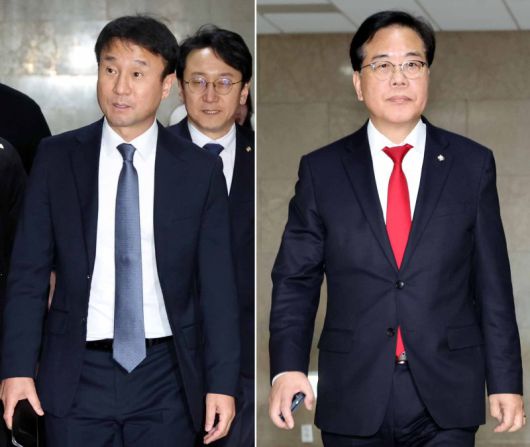 한병도 더불어민주당 원내대표와 송언석 국민의힘 원내대표가 19일 오후 서울 여의도 국회 운영위원장실에서 열린 여야 원내대표 회동에 각각 참석하고 있다. 뉴시스