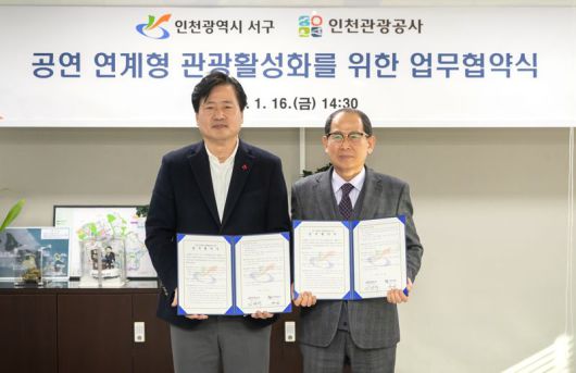 강범석 인천 서구청장과 유지상 인천관광공사 사장이 16일 공연 연계형 관광 활성화를 위한 업무협약을 체결했다. 인천서구 제공.
