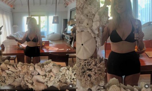 미국 모델 크리스티 브링클리가 조개껍질과 산호로 직접 꾸민 거울 앞에서 포즈를 취하고 있다. 출처=SNS