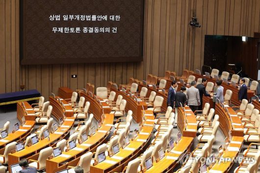 지난해 8월 상법 개정안의 국회 본회의 표결을 앞두고 국민의힘 의원들이 퇴장하고 있다. /사진=연합뉴스