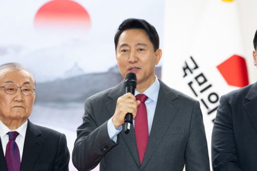 지난 1일 오세훈 서울시장이 서울 여의도 당사에서 열린 2026 국민의힘 신년인사회에서 인사말을 하고 있다. 뉴스1