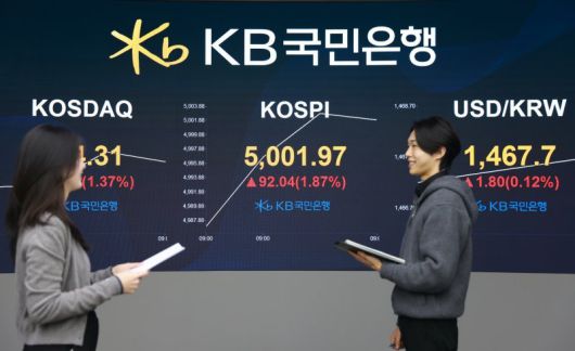 22일 오전 서울 영등포구 KB국민은행 딜링룸 전광판에 코스피 지수가 장중 5000선을 돌파하고 있다. (사진=KB국민은행 제공) /사진=뉴시스화상