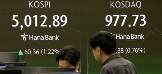 23일 오전 서울 중구 하나은행 딜링룸 전광판에 지수가 표시되고 있다. /사진=뉴시스