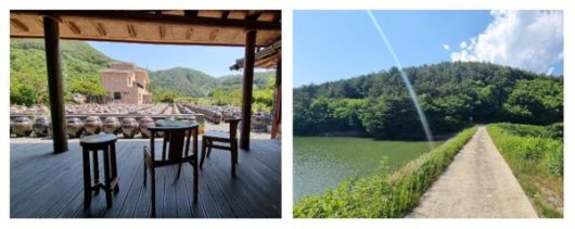 콩이랑농원의 장독대전경과 영부저수지 산책길