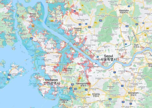2도 상승했을 경우 침수지역은 파란색, 4도 상승했을때 추가로 붉은색 표시 지역까지 침수가 예상된다. (자료출처=Climate Central)