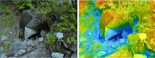 정선 장열리 풍혈지 여름철 열화상 촬영 사진. 파란부분일수록 온도가 낮은 지점이다. (사진=산림청)