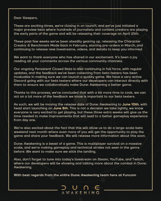 - 듄 어웨이크닝 출시 연기 공지 전문 (출처 : 듄 어웨이크닝 공식 X)