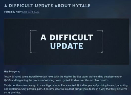 - 스튜디오 폐쇄 및 하이테일 개발 취소 공지 일부 (출처 : 하이픽셀 스튜디오 공식 홈페이지)