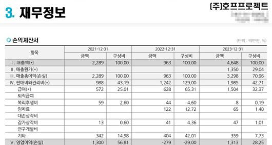 호프프로젝트 2023년 손익계산서 일부. [사진=호프프로젝트 기업신용분석보고서]