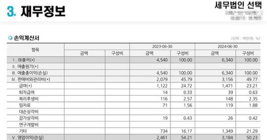 세무법인 선택 2024 회계연도 손익계산서 일부. [사진=한국평가데이터]
