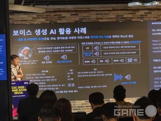 이준수 엔씨소프트 AI CPO가 강연 중이었다. 그는 리니지W의 자동 채팅 번역과 보이스 생성 AI를 소개했다