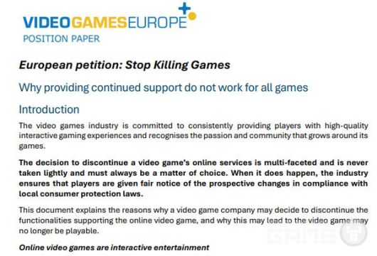 유럽 게임업계 로비 단체인 비디오 게임즈 유럽(Video Games Europe)은 스톱 킬링 게임즈 운동에 대해 공식적으로 반대 입장을 표명했다.