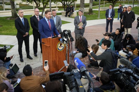Acting US Attorney Joseph McNally talks to the media about Ippei Mizuhara, former interpreter for Los Angeles Dodgers baseball star Shohei Ohtani at Federal Court after his sentencing for bank and tax fraud on Thursday, Feb. 6, 2025, in Santa Ana, Calif. (AP Photo/Damian Dovarganes)        <저작권자(c) 연합뉴스, 무단 전재-재배포, AI 학습 및 활용 금지>