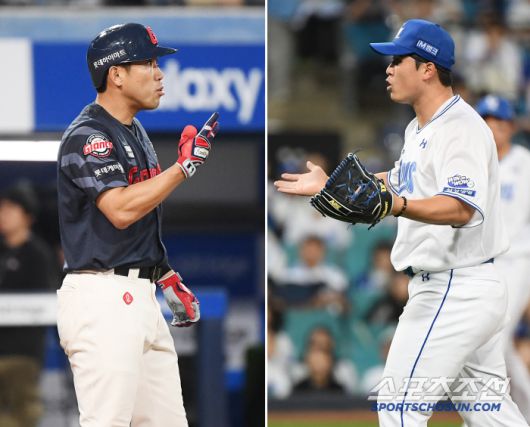 전준우가 '두 번째야'라고 불만을 표시하자 최원태가 두 팔을 벌리며 맞섰다.