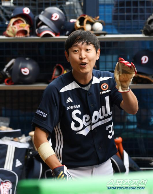 21일 잠실구장에서 열린 LG 트윈스와 두산 베어스의 경기. 두산 정수빈이 득점 후 기뻐하고 있다. 잠실=박재만 기자 pjm@sportschosun.com/2025.06.21/