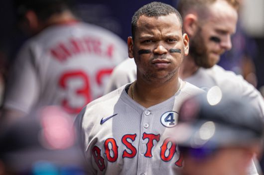 Jun 1, 2025; Cumberland, Georgia, USA; Boston Red Sox designated hitter Rafael Devers (11) shown in the dugout before the game against the Atlanta Braves at Truist Park. Mandatory Credit: Dale Zanine-Imagn Images        <저작권자(c) 연합뉴스, 무단 전재-재배포, AI 학습 및 활용 금지>