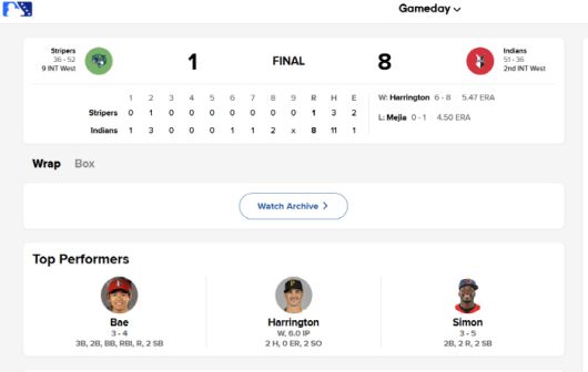 MiLB 게임데이 페이지 캡쳐