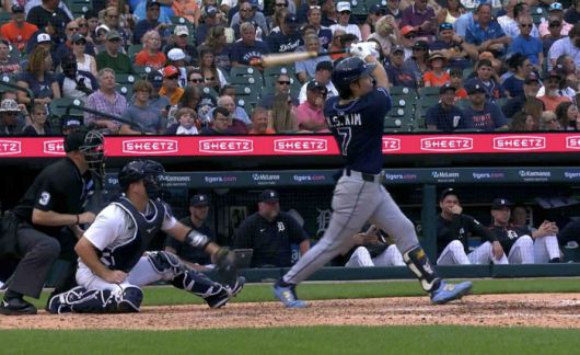 탬파베이 레이스 김하성이 10일(한국시각) 코메리카파크에서 열린 디트로이트 타이거스전에서 6회초 중월 2루타를 터뜨리고 있다. 사진=MLB.TV 캡처