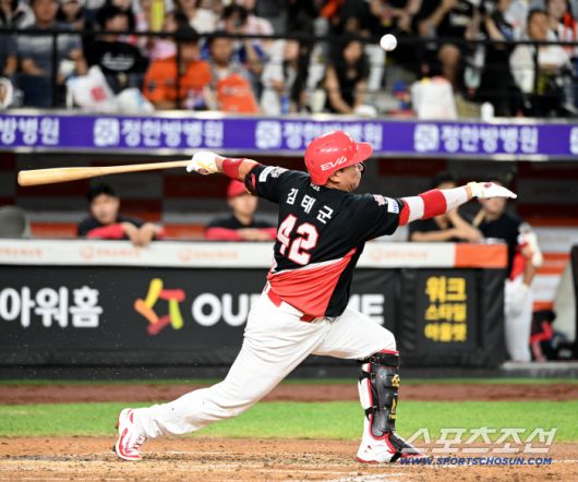 류현진의 공을 커트해내는 김태군