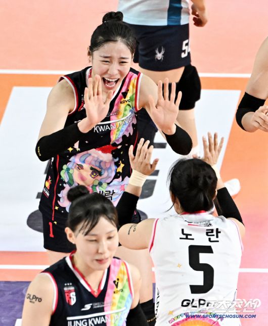 정관장 인쿠시가 득점한 뒤 리베로 노란과 하이파이브를 하고 있다. 사진제공=KOVO