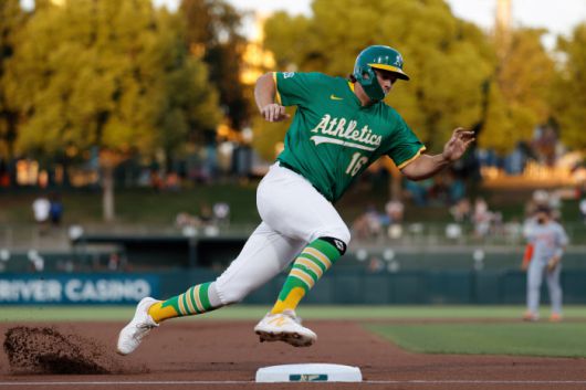 FILE - Athletics' Nick Kurtz rounds third base before scoring during the first inning of a baseball game against the Detroit Tigers Aug. 27, 2025, in West Sacramento, Calif. (AP Photo/Sergio Estrada, File) FILE PHOTO        <저작권자(c) 연합뉴스, 무단 전재-재배포, AI 학습 및 활용 금지>