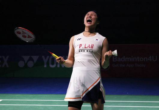 Badminton - India Open 2026 - Indira Gandhi Indoor Stadium, New Delhi, India - January 18, 2026 South Korea's An Se Young celebrates after winning her final women's singles match against China's Wang Zhi Yi REUTERS/Bhawika Chhabra <저작권자(c) 연합뉴스, 무단 전재-재배포, AI 학습 및 활용 금지>