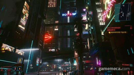 ▲ 네온사인이 곳곳을 화려하게 수놓은 사이버펑크 2077의 나이트 시티 (사진: 게임메카 촬영)