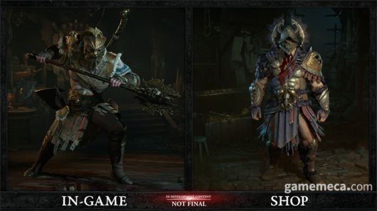 ▲ 플레이를 통해 얻을 수 있는 전설 방어구(좌)와 상점에서 판매되는 방어구 꾸미기 아이템(우) (사진출처: 디아블로 4 공식 홈페이지)