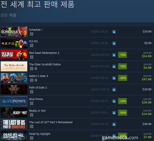 (국내에서 노출되지 않은 게임표시를 위해 미국 IP로 접속한 순위입니다)