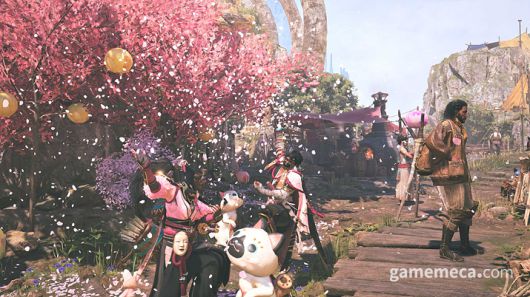 ▲ 분홍색 벚꽃이 가득한 대집회소 (사진출처: 몬스터 헌터 와일즈 공식 홈페이지)