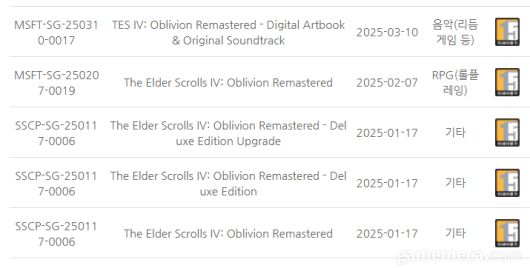 ▲ 엘더스크롤 4: 오블리비언 리마스터 자체등급분류 결과 (자료출처: 게임위 공식 홈페이지)