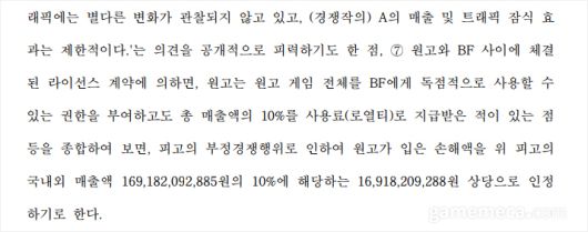 ▲ 엔씨소프트가 과거에 맺었던 계약 조건이 손해배상액을 책정하는 근거로 활용됐다 (자료출처 : 서울고등법원 2023나2039688 판결문)
