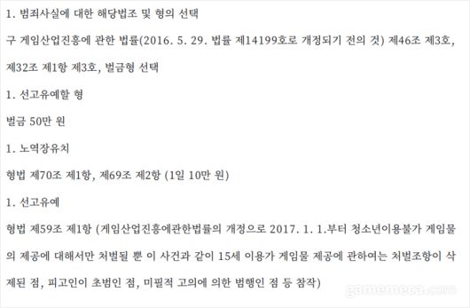 ▲ 법이 개정된 점을 반영해 법원은 유죄 판결 중 가장 가벼운 선고유예를 내렸다 (자료출처 : 수원지방법원 성남지원 2017고정80 판결문)