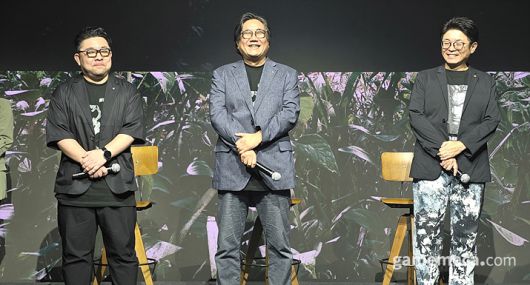 ▲ 시연회에 참석한 세 개발자, 왼쪽부터 사하라 디렉터, 오카무라 PD, 코레카도 CPD (사진: 게임메카 촬영)