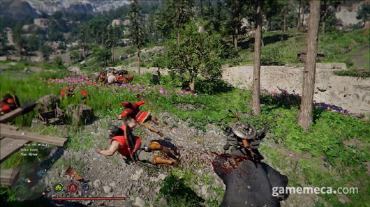 ▲ 거대한 곰에 탑승해 돌진하여 무리지어 쉬고 있는 적을 쓰러뜨리는 장면이나 (사진출처: 붉은사막 트레일러 갈무리)