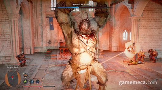 ▲ 대형 일 대 일 보스를 제압하기 위해 주변 NPC들이 공격을 지원하는 등의 모습도 확인됐다 (사진출처: 붉은사막 트레일러 갈무리)