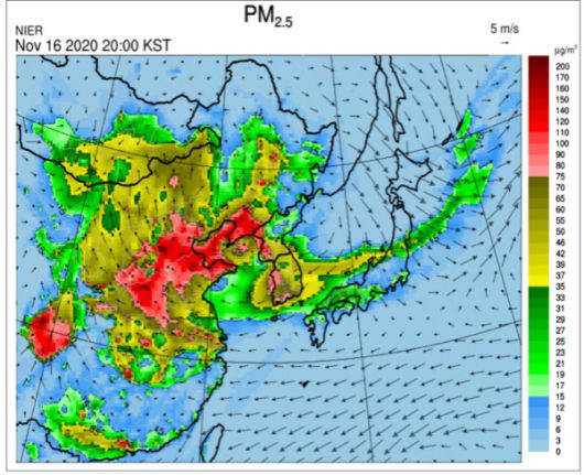16일 오후 8시 한반도 초미세먼지 대기질 예측 모델[자료 출처 = 국립환경과학원]