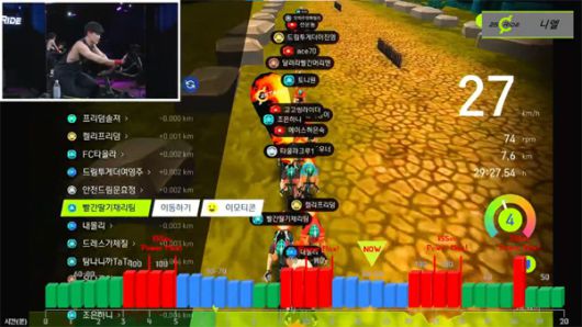 한국암웨이의 메타버스 기반 스마트 바이크인 `25센트 라이드`의 사용자 화면. 오프라인에서 바이크를 타고 있는 사람들이 아이디와 함께 화면상에 떠 있다. [사진 제공 = 한국암웨이]