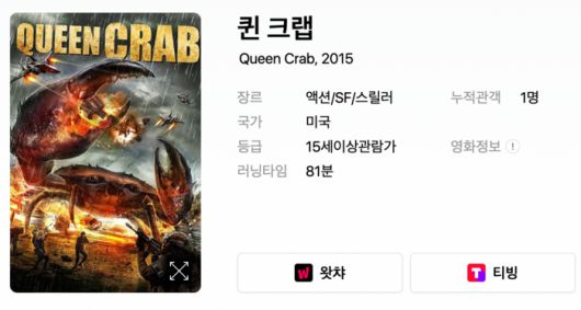 다음 영화에 따르면 퀸 크랩의 누적 관객 수는 단 1명, 매출액은 3000원에 불과하다. [다음 영화 캡처]