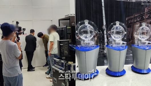 추첨장비가 담긴 창고를 여는 동행복권 직원과 MBC 관계자(왼쪽), 추첨기기 비너스. 사진| 김소연 기자