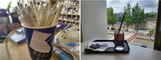 좌=엽서 쓸 때 쓰는 널담은공간 볼펜,우=엽서를 쓰면서 바라보는 풍경/사진=강찬미 여행+기자