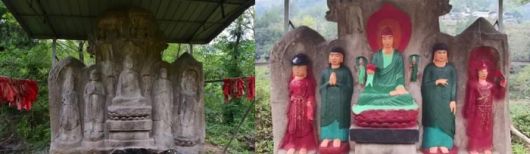 1400년 역사의 고대 마애불상(왼쪽)과 페인트 참사 이후 모습. [사진 = 사우스차이나모닝포스트 캡처]