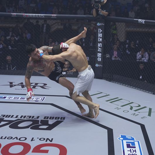 Brave CF 타이틀매치 출신 카밀 마고메도프(오른쪽)가 로드FC 글로벌 토너먼트 4강전에서 한국복싱커미션 챔피언 멘겐초오시 난딘예르데네를 밀쳐내고 있다. 사진=세계격투스포츠협회