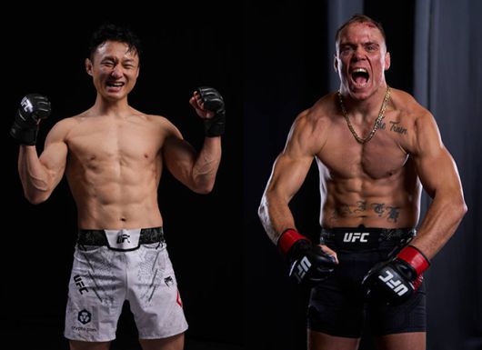 최두호(왼쪽) UFC 4승 기념 촬영, 네이트 랜드웨어 UFC 5승 기념 촬영. 사진=TKO