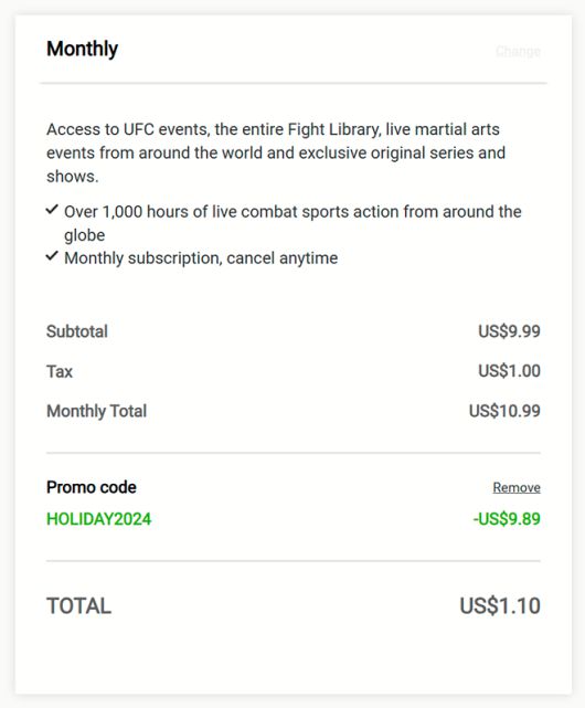 UFC 파이트 패스는 ZFN 2 개막을 앞두고 가입을 원하는 접속자에게 월간 이용권 90% 할인 혜택을 준다. 1.10달러(약 1580원)를 결제하면 1달 동안 구독할 수 있다. 사진=UFC Fight Pass 화면