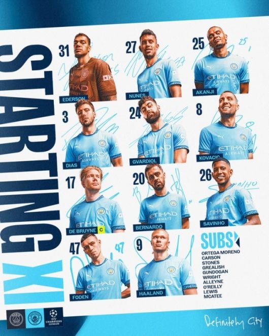 맨시티는 골키퍼 에데르송을 시작으로 누네스-아칸지-디아스-그바르디올-코바치치-더브라위너-베르나르두-사비우-포든-홀란드가 선발 출전했다. 사진=맨체스터 시티 SNS